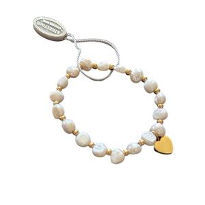 Steel Time Gold & White Pearl Charm stretch Bracelet with heart charm NeW